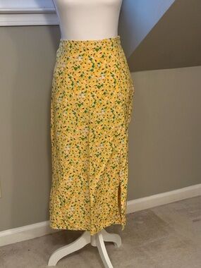 LOFT Yellow Floral Midi Skirt with Side Slit